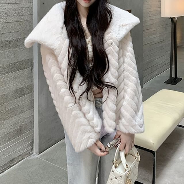 Collared Button-Up Plain Fluffy Jacket