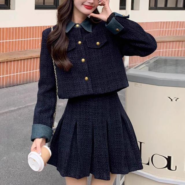 Two Tone Button-Up Crop Jacket + Pleated A-Line Skirt Set