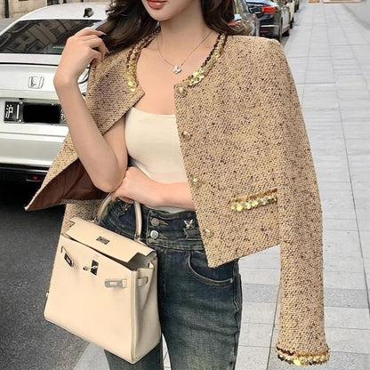 Sequin Trim Tweed Crop Jacket + A-Line Skirt