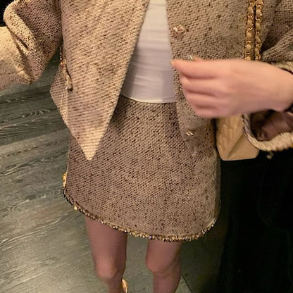 Sequin Trim Tweed Crop Jacket + A-Line Skirt