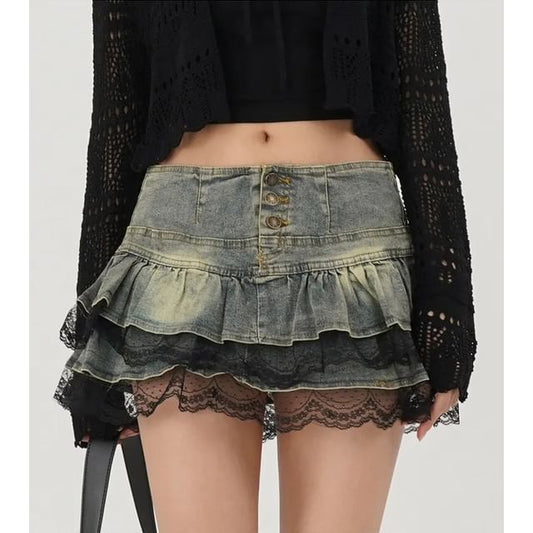 Washed Denim Lace Trim Mini Skirt