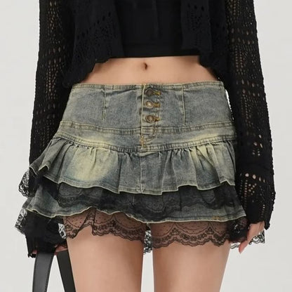 Washed Denim Lace Trim Mini Skirt