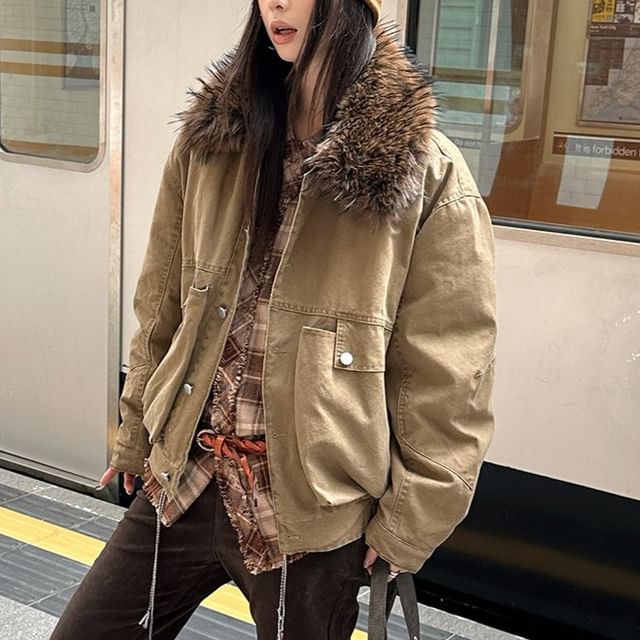 Furry Collar Zip-Up Jacket