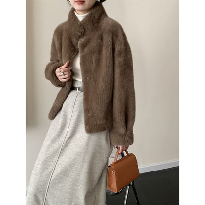Stand Collar Plain Faux Fur Single-Breasted Coat