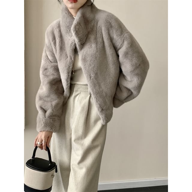 Stand Collar Plain Faux Fur Single-Breasted Coat