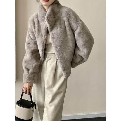Stand Collar Plain Faux Fur Single-Breasted Coat