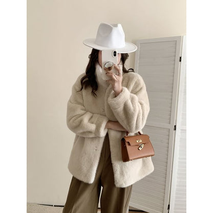 Stand Collar Plain Faux Fur Single-Breasted Coat