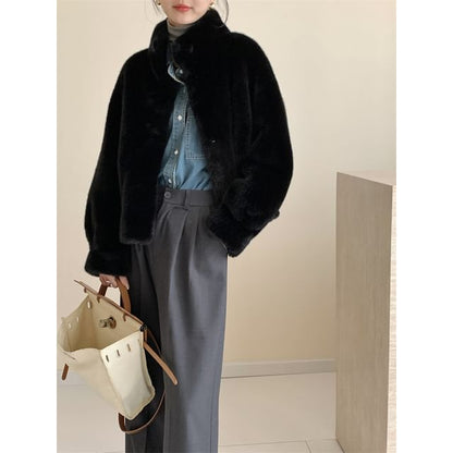 Stand Collar Plain Faux Fur Single-Breasted Coat