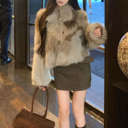 Collared Faux Fur Jacket / High Rise Belted Mini Skirt