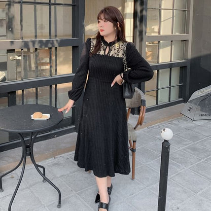 Plus Size Long-Sleeve Stand Collar Lace Panel Cutout Frog Buttoned Midi A-Line Dress