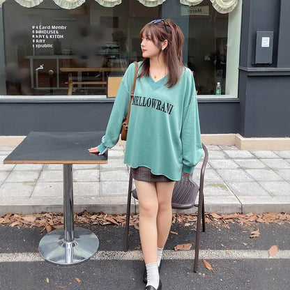 Plus Size Mock Two-Piece V-Neck Lettering Print Pullover