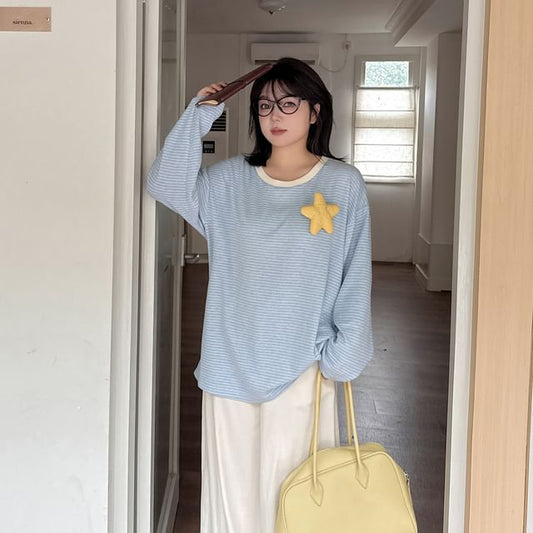 Plus Size Long-Sleeve Crew Neck Striped Star Accent Tee