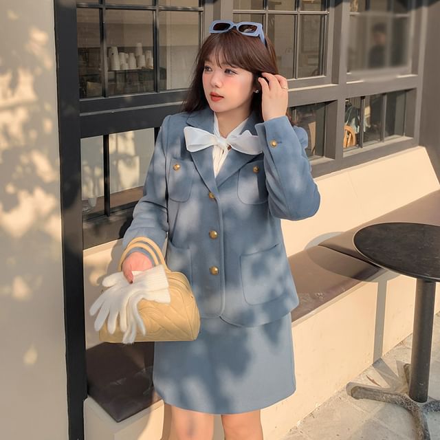 Plus Size Set: Notch Lapel Single-Breasted Plain Blazer + High Rise Mini A-Line Skirt