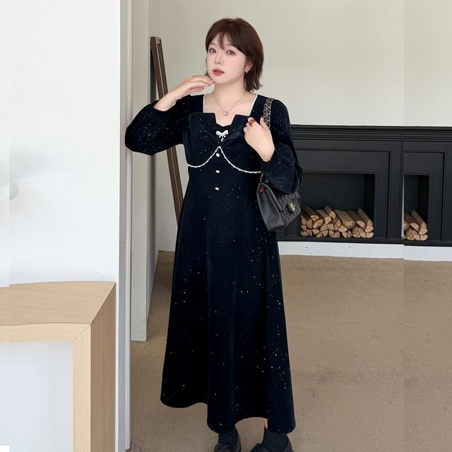 Plus Size Long-Sleeve Square Neck Glitter Faux Pearl Accent Midi A-Line Dress