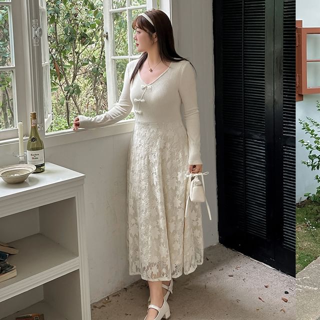 Plus Size Long-Sleeve V-Neck Lace Panel Frog Buttoned Midi A-Line Dress