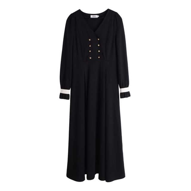 Plus Size Long-Sleeve V-Neck Contrast Trim Double-Breasted Midi A-Line Dress / Belt