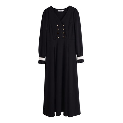 Plus Size Long-Sleeve V-Neck Contrast Trim Double-Breasted Midi A-Line Dress / Belt