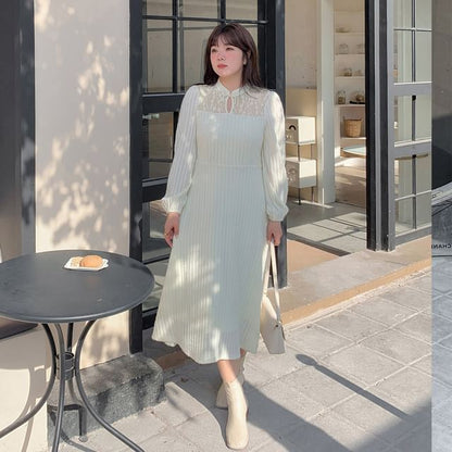 Plus Size Long-Sleeve Stand Collar Lace Panel Cutout Frog Buttoned Midi A-Line Dress