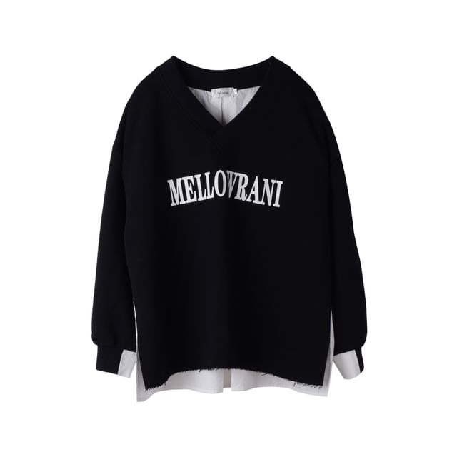 Plus Size Mock Two-Piece V-Neck Lettering Print Pullover