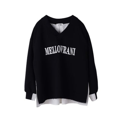 Plus Size Mock Two-Piece V-Neck Lettering Print Pullover