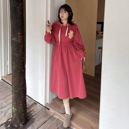 Plus Size Bear Accent Midi A-Line Hoodie Dress