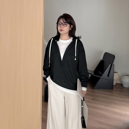 Plus Size Mock Two-Piece Two Tone Drawstring Hoodie