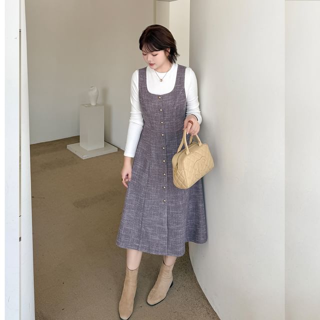 Plus Size Set: Long-Sleeve Crew Neck Plain Tee + Scoop Neck Button-Up Midi A-Line Dungaree Dress