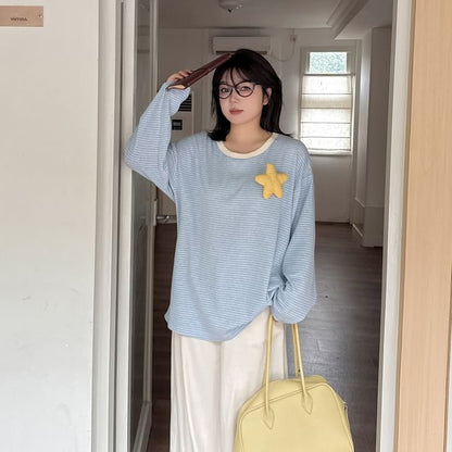 Plus Size Long-Sleeve Crew Neck Striped Star Accent Tee