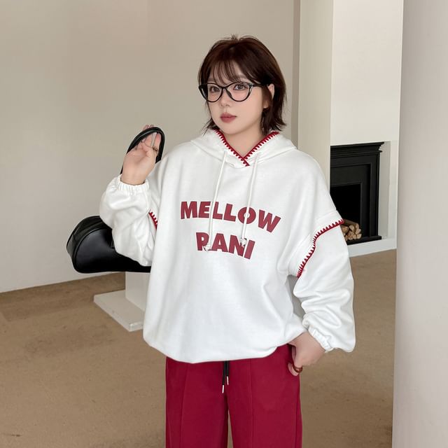 Plus Size Lettering Print Contrast Trim Drawstring Hoodie