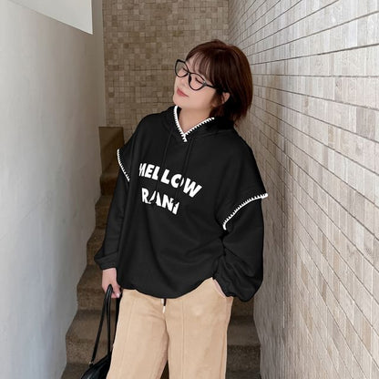 Plus Size Lettering Print Contrast Trim Drawstring Hoodie