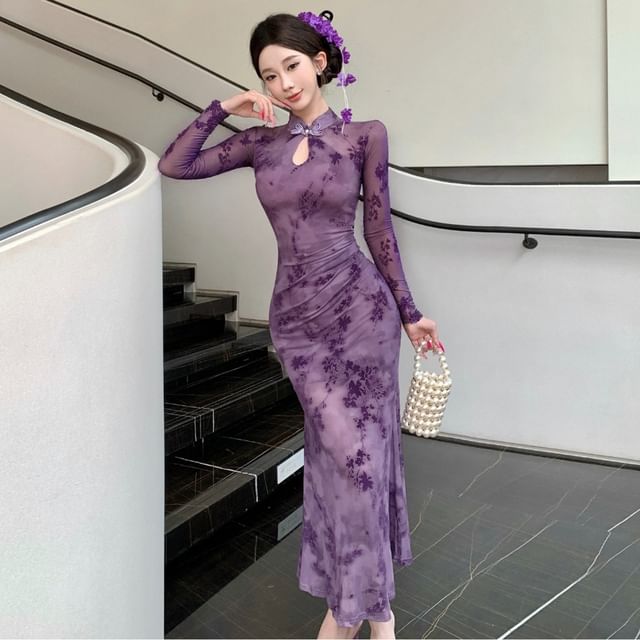 Long-Sleeve Floral Mesh Midi Qipao