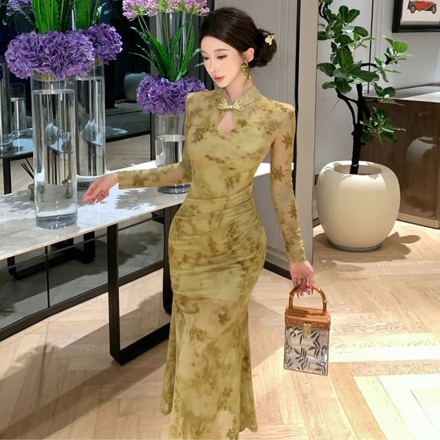 Long-Sleeve Floral Mesh Midi Qipao