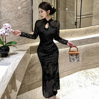 Long-Sleeve Floral Mesh Midi Qipao