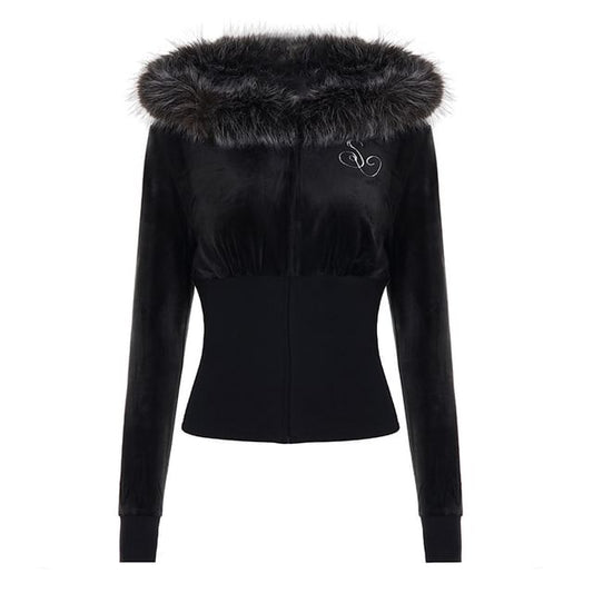 Long Sleeve V-Neck Plain Furry-Trim Zip-Up Hooded Jacket