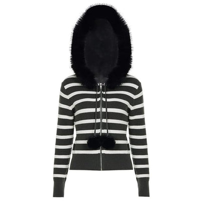 Long Sleeve Striped Furry-Trim Zip-Up Knitted Jacket