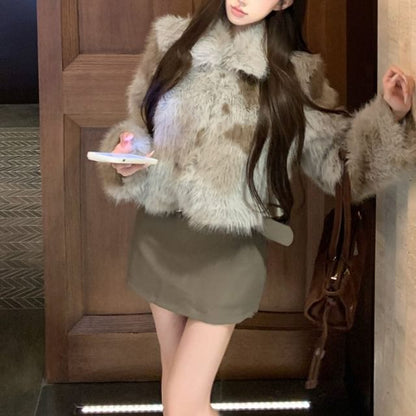 Collared Faux Fur Jacket / High Rise Plain Belted Mini Pencil Skirt