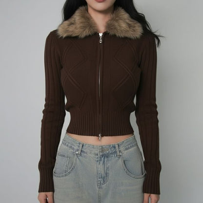 Faux Fur Collar Cable Knit Zip Cardigan
