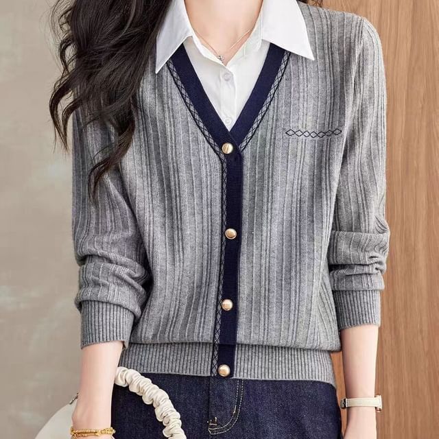 Collared Knit Top with Mock Two-Piece and Extended Sleeves