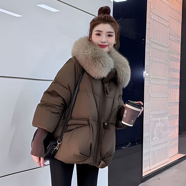 Furry Trim Zip-Up Puffer Jacket