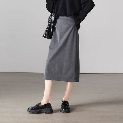 Plain Midi Skirt with High Rise