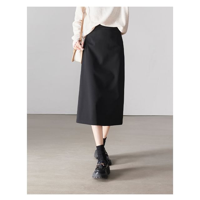 Plain Midi Skirt with High Rise