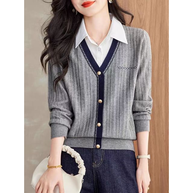 Collared Knit Top with Mock Two-Piece and Extended Sleeves