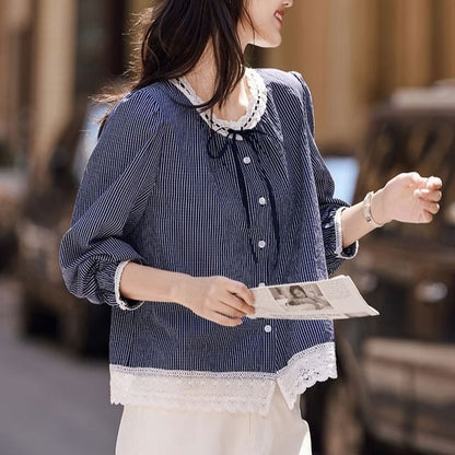 Striped Blouse with Lace Trim and Extended Sleeves