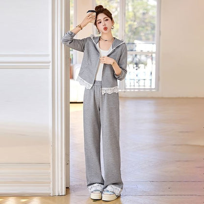 Lace Detail Zip Hoodie and Wide Leg Sweatpants Set