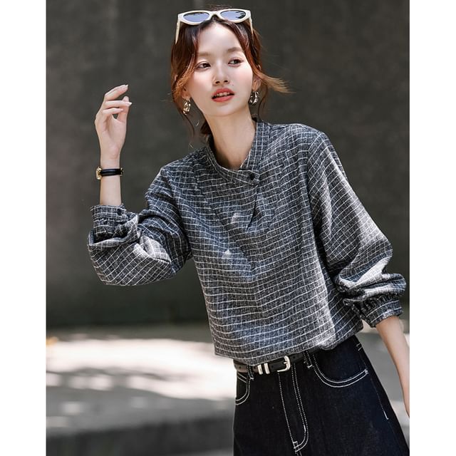 Plaid Blouse with Stand Collar and Long Sleeves