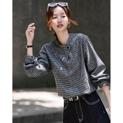 Plaid Blouse with Stand Collar and Long Sleeves