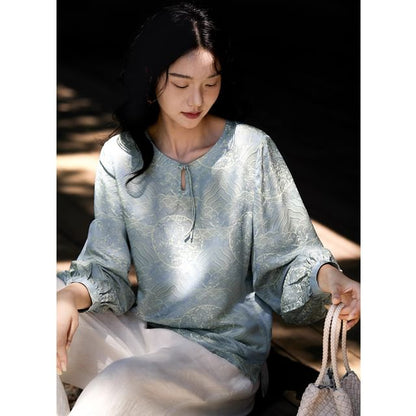 Jacquard Blouse with Puffed Sleeves