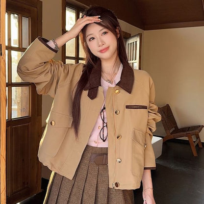 Collared Zip-Up Crop Jacket + Pleated Mini Skirt + Cardigan