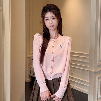 Collared Zip-Up Crop Jacket + Pleated Mini Skirt + Cardigan