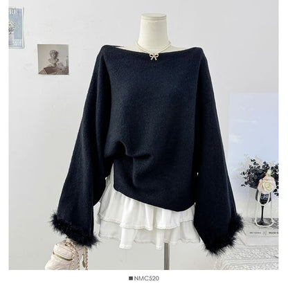 Loose-Fit Off-Shoulder Knit with Long Sleeves